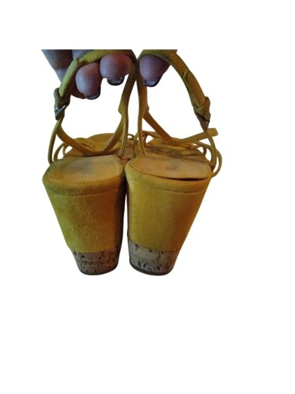 Prada Women's Golden Yellow Suede Cork Wedge Heels, 38 or size 7.5